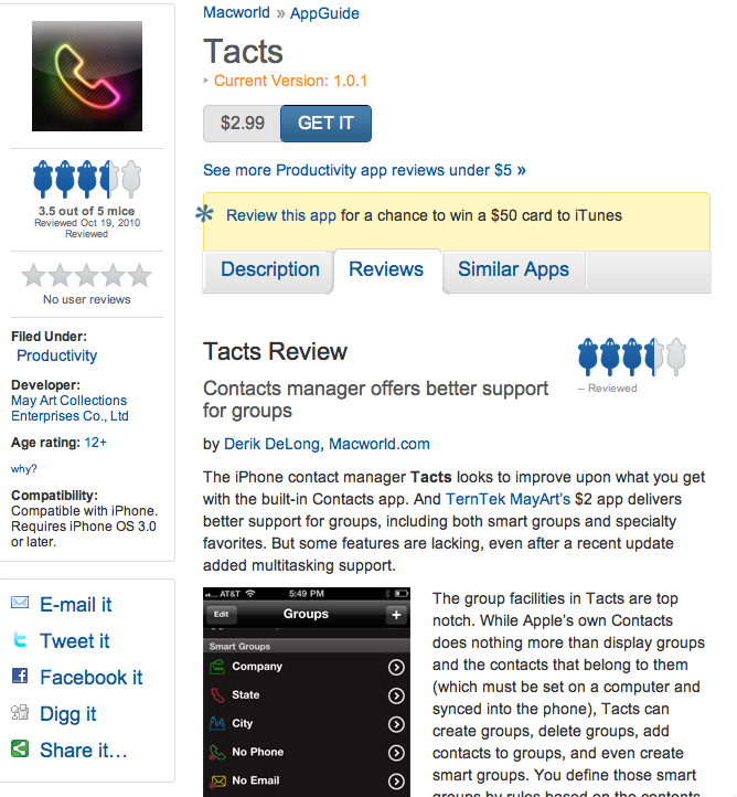 Macworld Tacts Review: Contacts manager offers better support for groups 3.5/5 mice